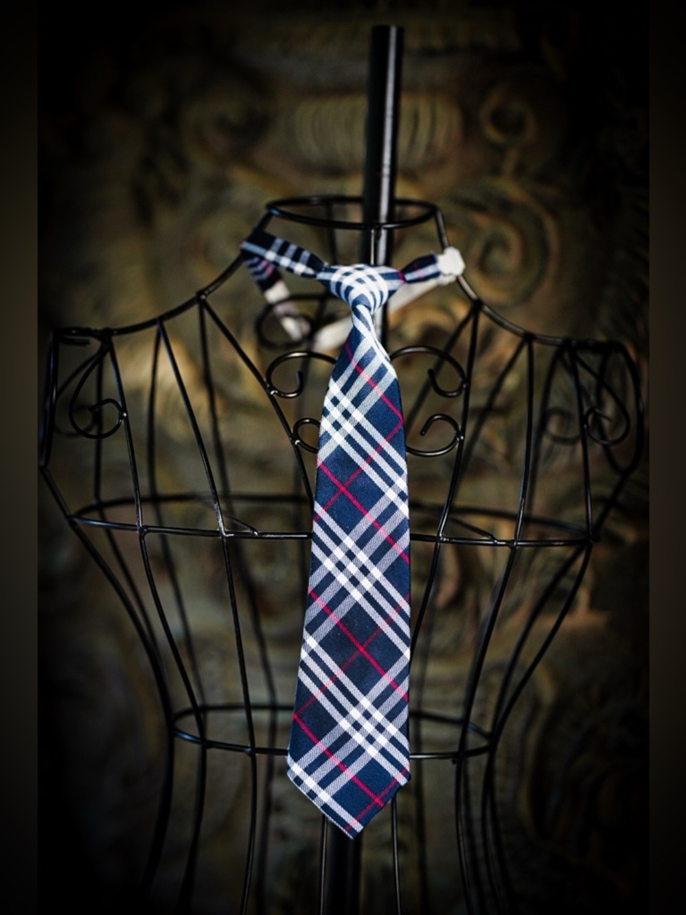 Navy Blue & Red Plaid Pre-Tied Necktie - Women’s Costume Accessory